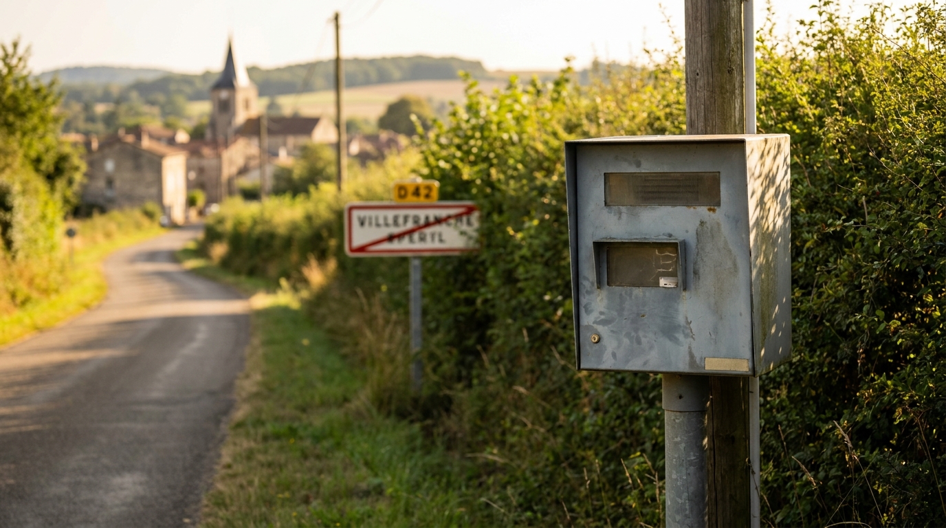 Faux radar métallique au bord d'une route de campagne en Corrèze
