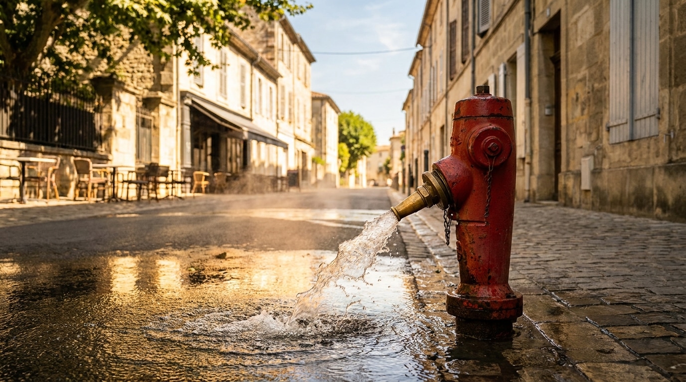 Bouche d'incendie ouverte projetant de l'eau sur une rue ensoleillée