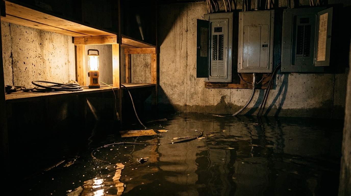 Cave inondée avec installations électriques partiellement submergées