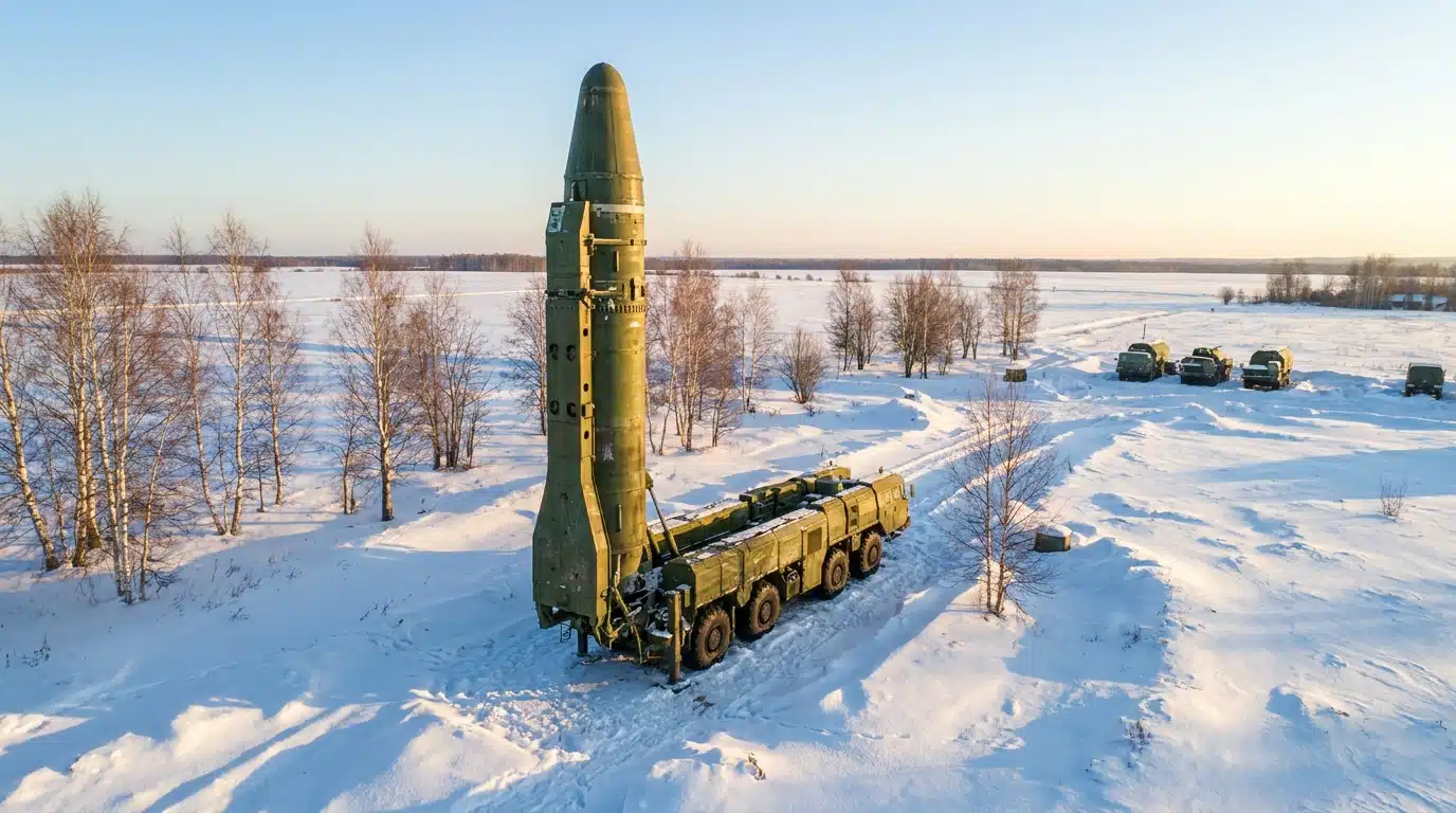 Missile balistique intercontinental dressé sur un lanceur mobile en Russie