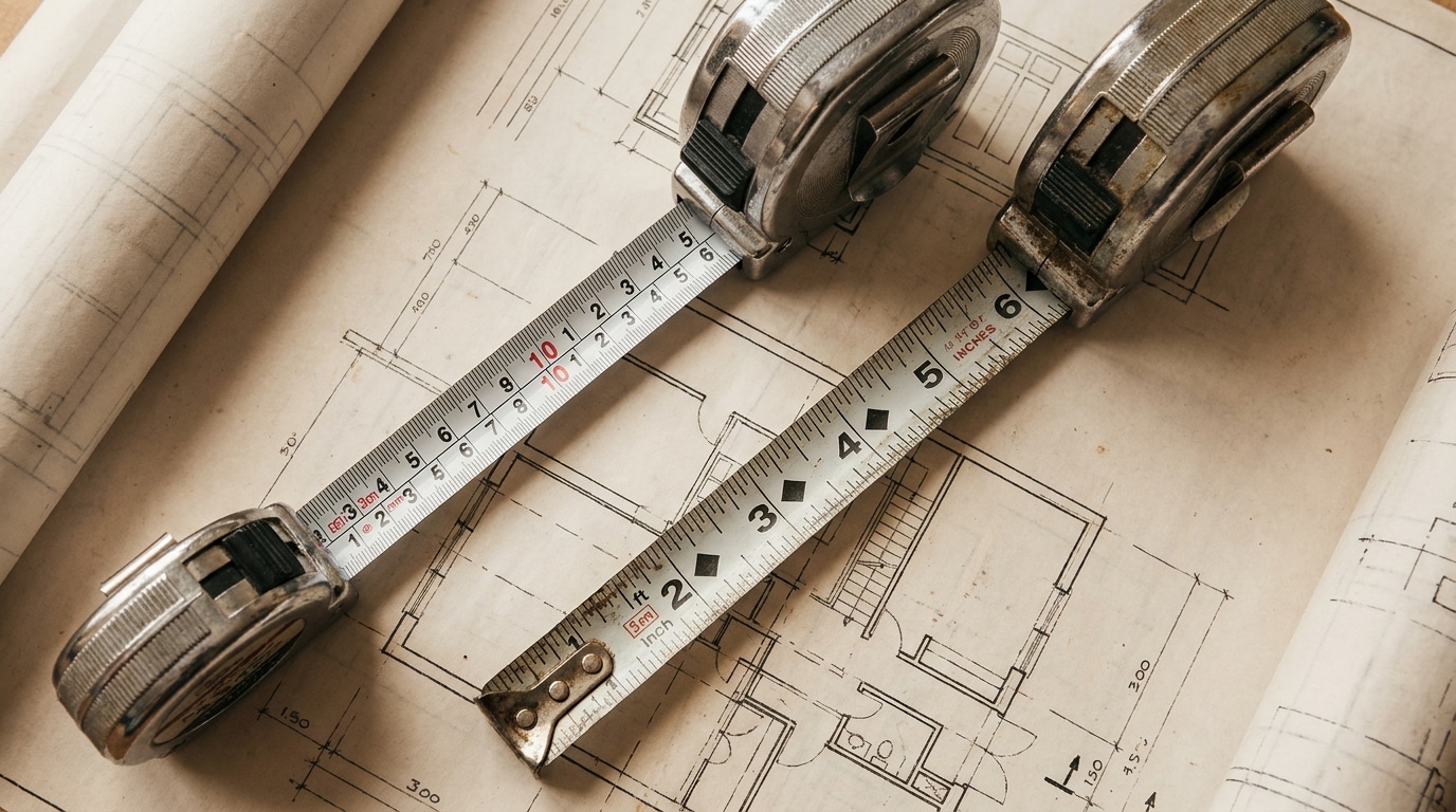 Deux mètres ruban comparés sur un plan de construction