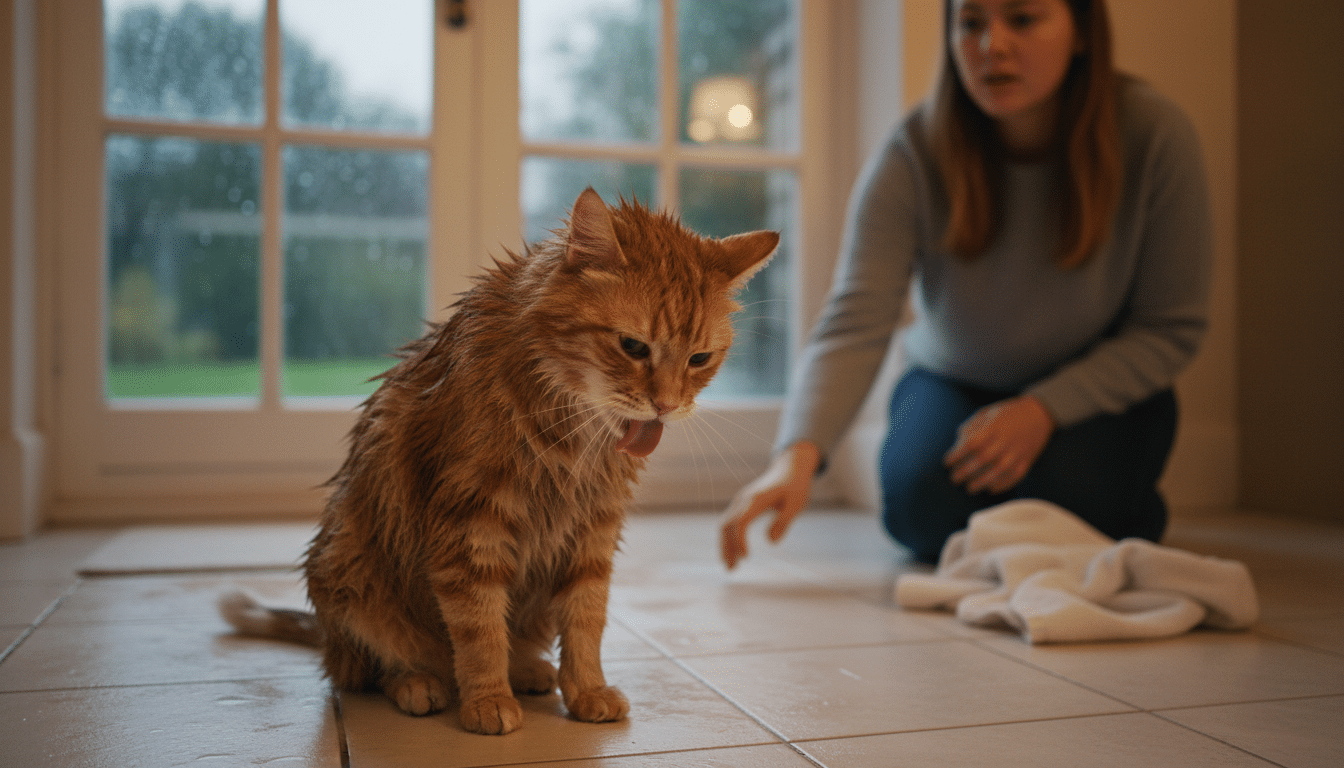 Chat mouillé se léchant le pelage après la pluie