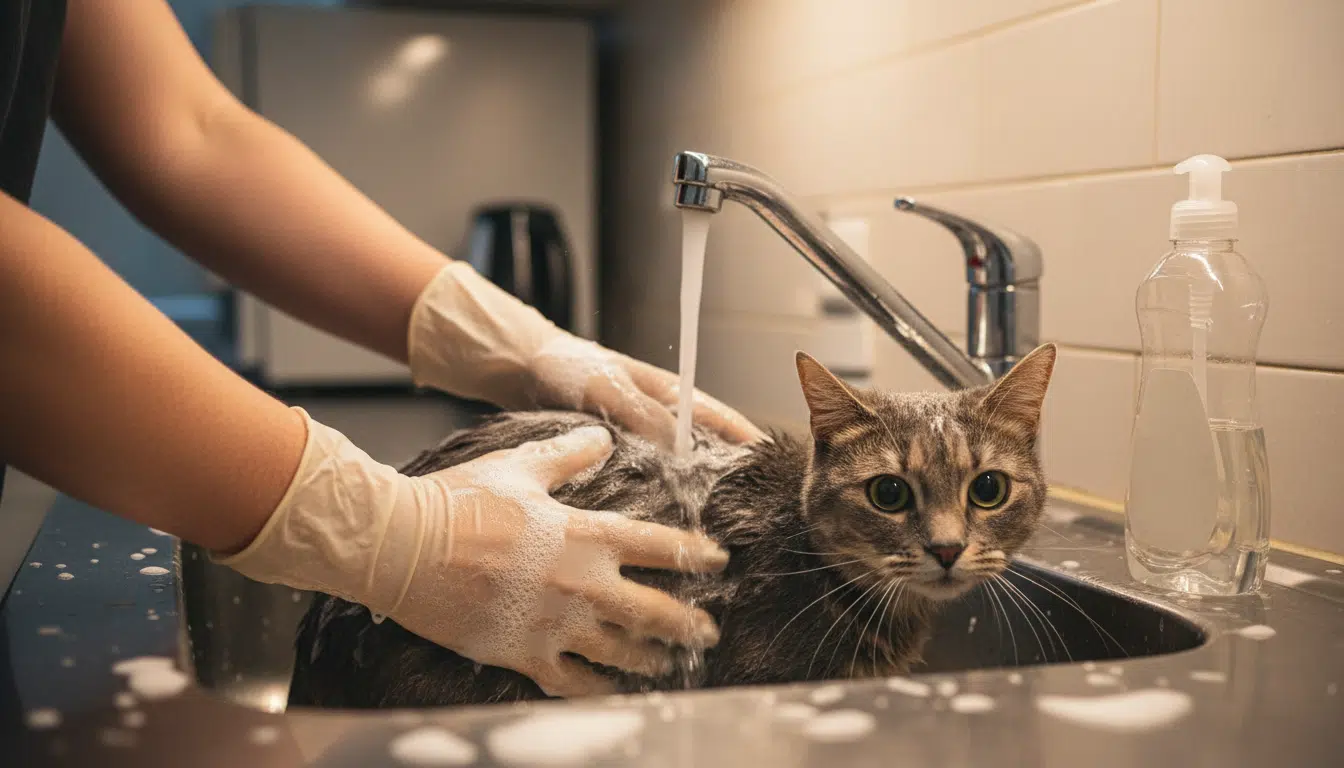 Lavage d'urgence d'un chat au liquide vaisselle sous l'eau tiède