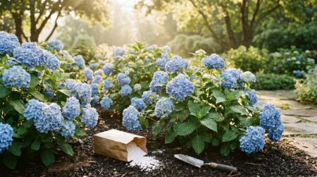 Massif d'hortensias bleus en fleurs avec poudre blanche au sol