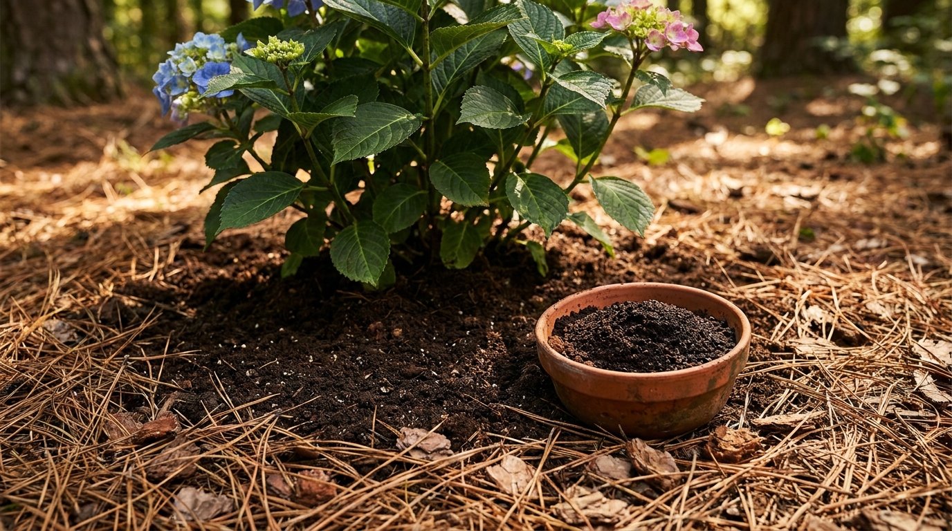 Aiguilles de pin en paillage et marc de café au pied d'un hortensia