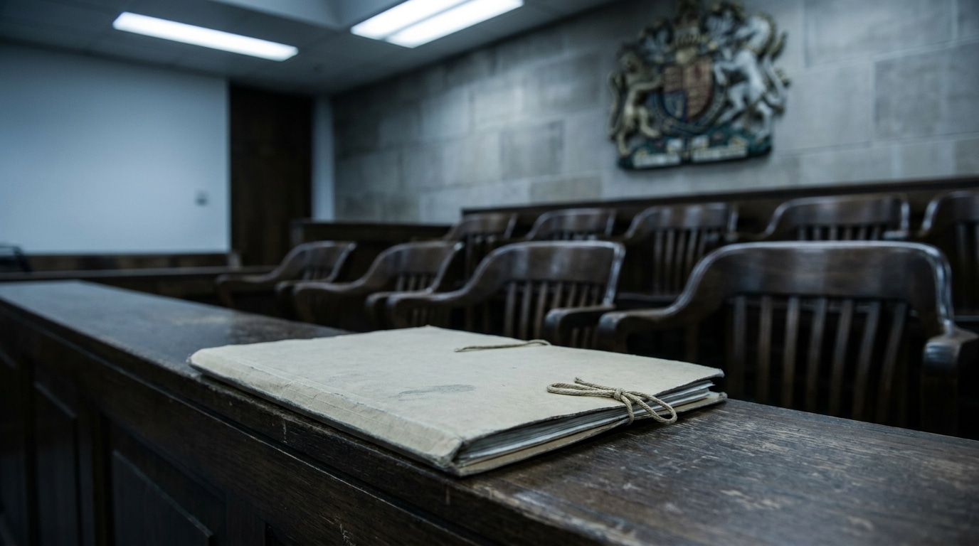 Dossier judiciaire posé sur un banc de tribunal anglais
