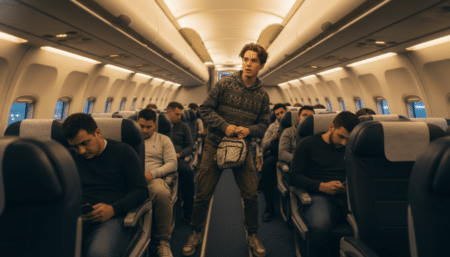 Voyageur impatient debout dans l'allée d'un avion