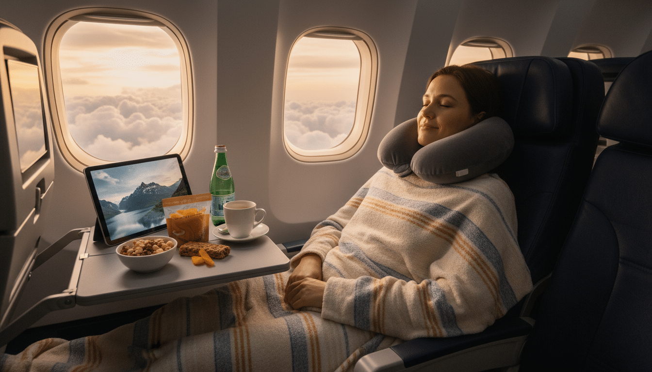 Passager détendu avec coussin de voyage en avion