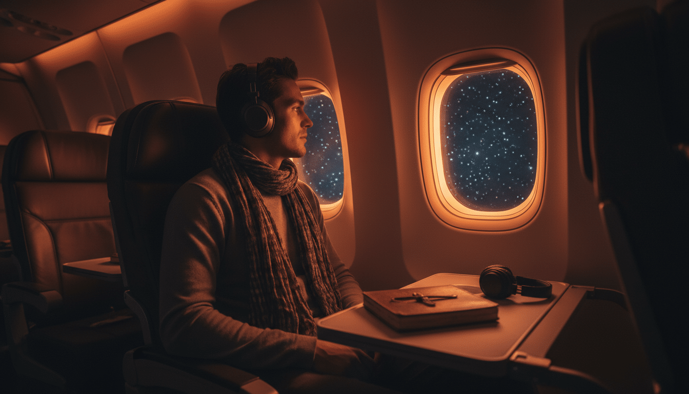 Voyageur rêveur regardant le ciel étoilé depuis le hublot