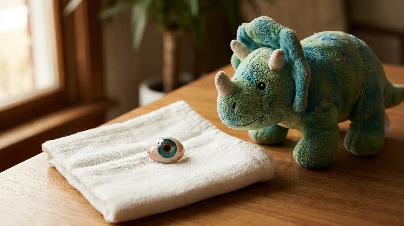 Prothèse oculaire colorée posée près d'un dinosaure en peluche