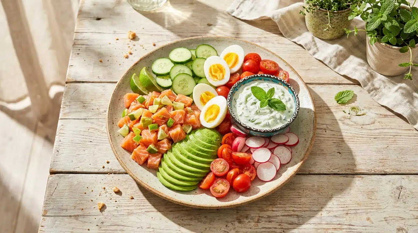 Grande assiette d'été colorée avec saumon, avocat et crudités