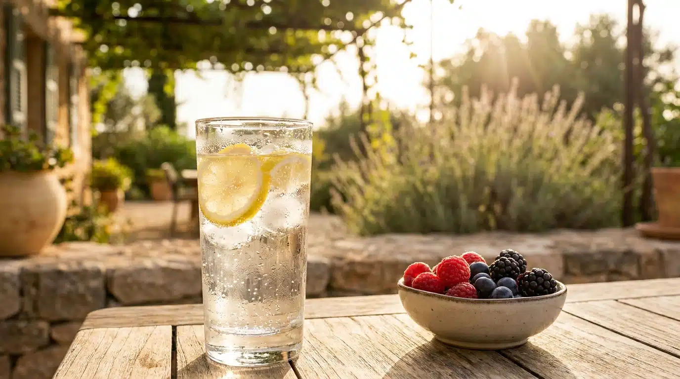 Verre d'eau gazeuse citronnée sur une table de terrasse ensoleillée