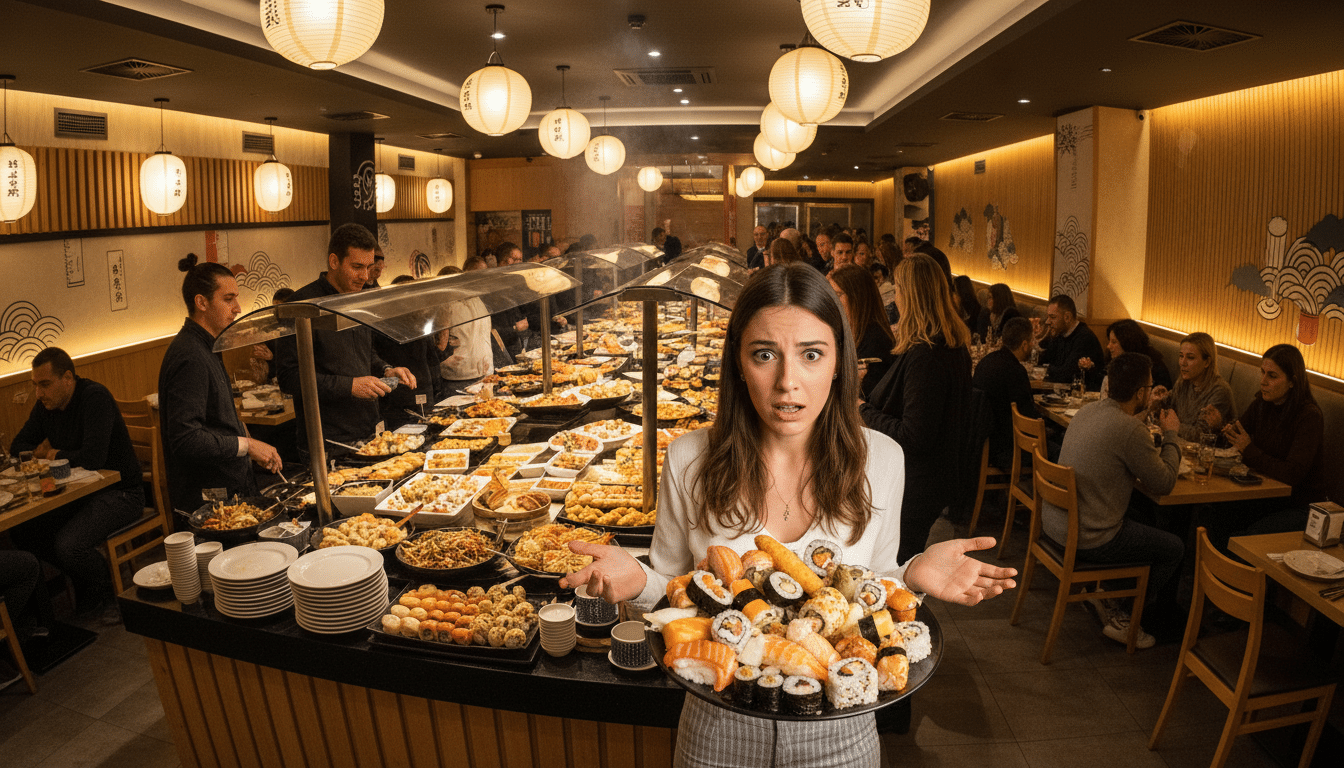 Buffet à volonté de sushi dans un restaurant en Espagne