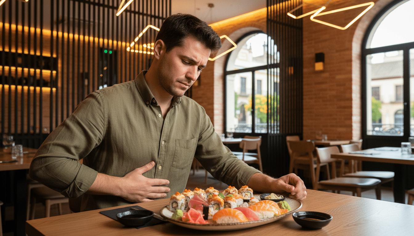Client repoussant son assiette de sushi dans un restaurant à volonté