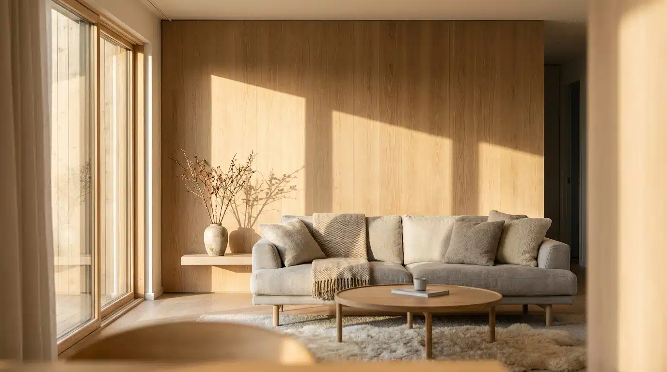 Salon moderne avec mur en panneaux chêne clair