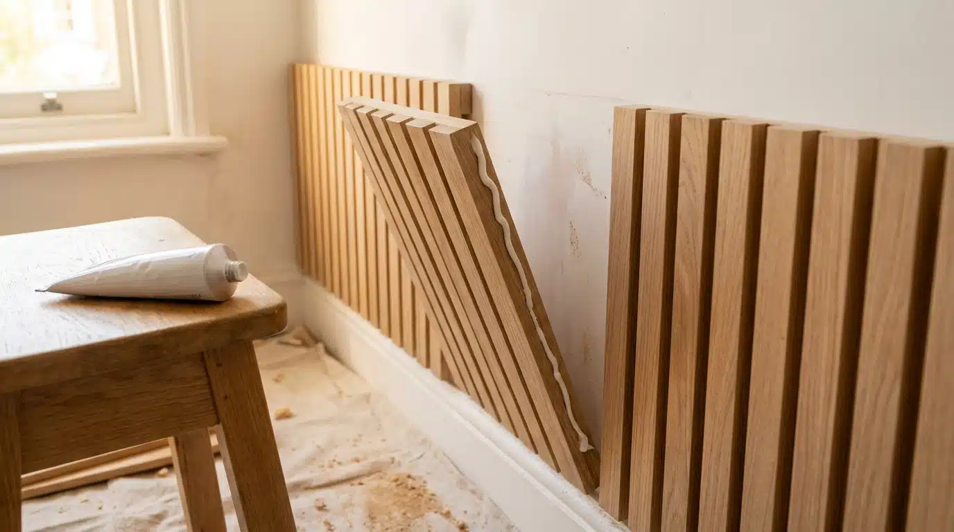 Panneaux décoratifs bois posés sur un mur blanc