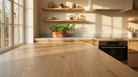 Cuisine ouverte moderne avec sol vinyle continu sans joints