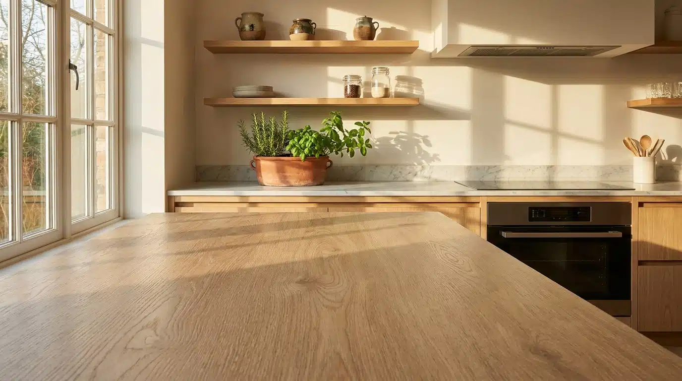 Cuisine ouverte moderne avec sol vinyle continu sans joints