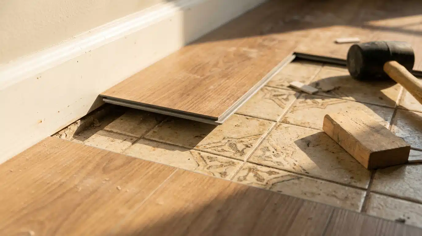 Lames vinyle SPC clipsées sur ancien carrelage de cuisine