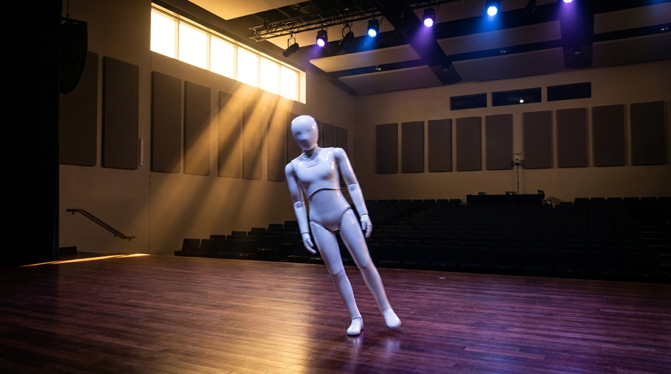 Robot humanoïde blanc debout sur scène éclairée
