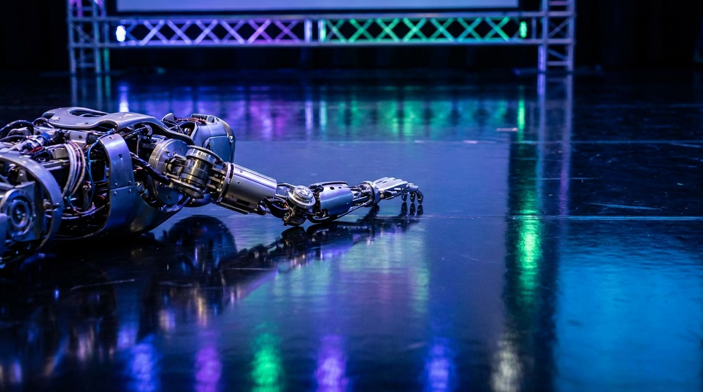 Robot humanoïde tombé au sol sur une scène noire