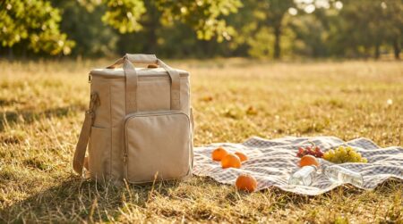 Sac à dos isotherme beige posé sur l'herbe avec provisions de pique-nique