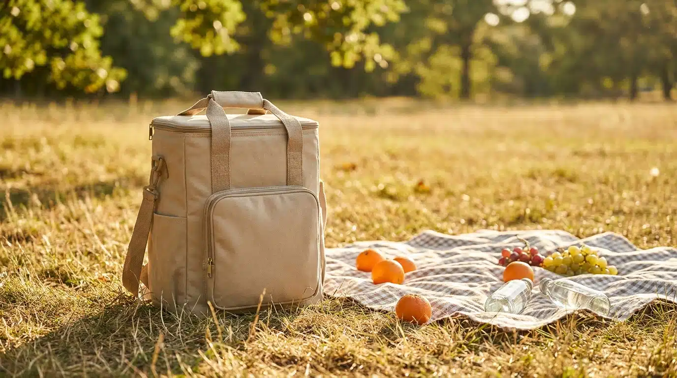Sac à dos isotherme beige posé sur l'herbe avec provisions de pique-nique