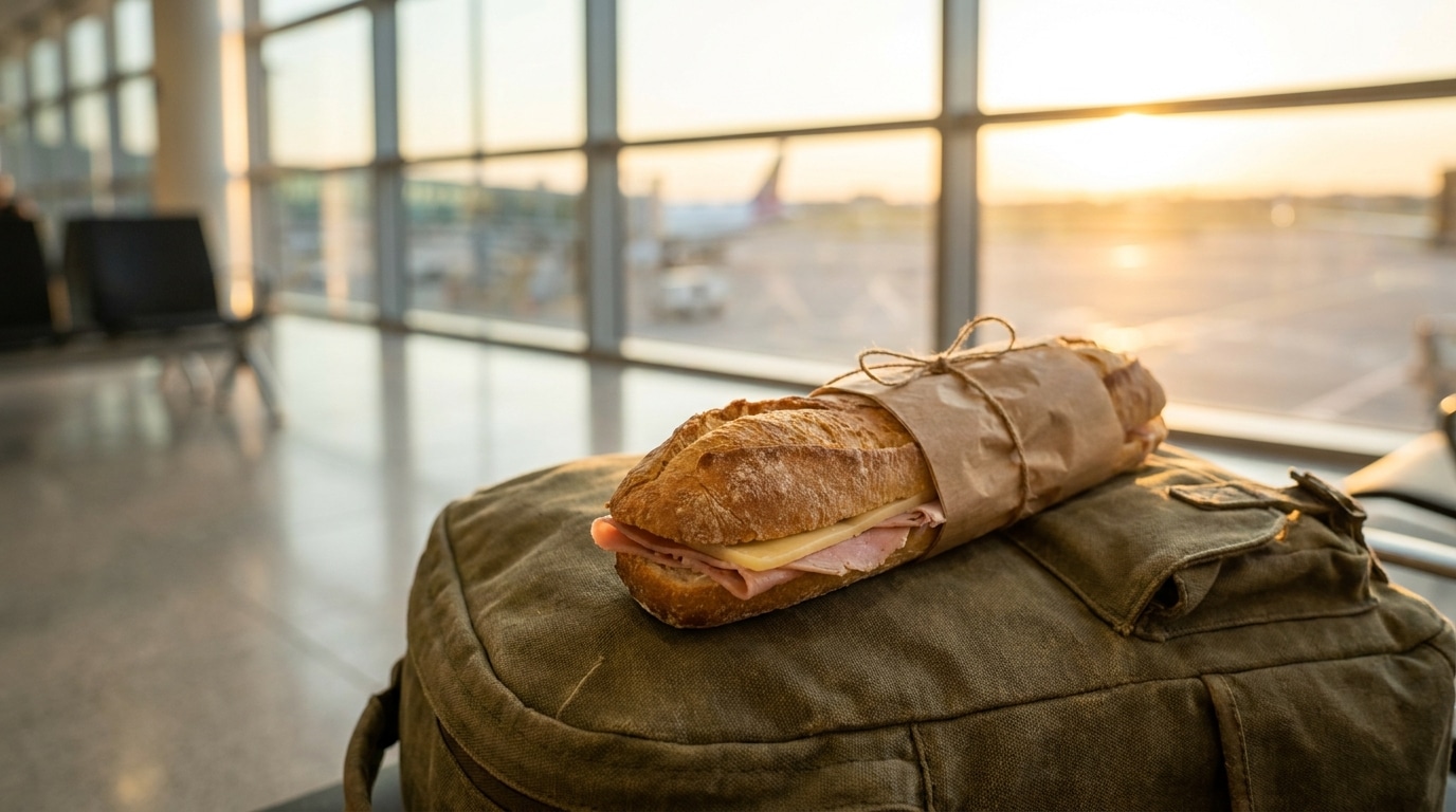 Sandwich jambon-fromage posé sur un sac à dos en salle d'embarquement