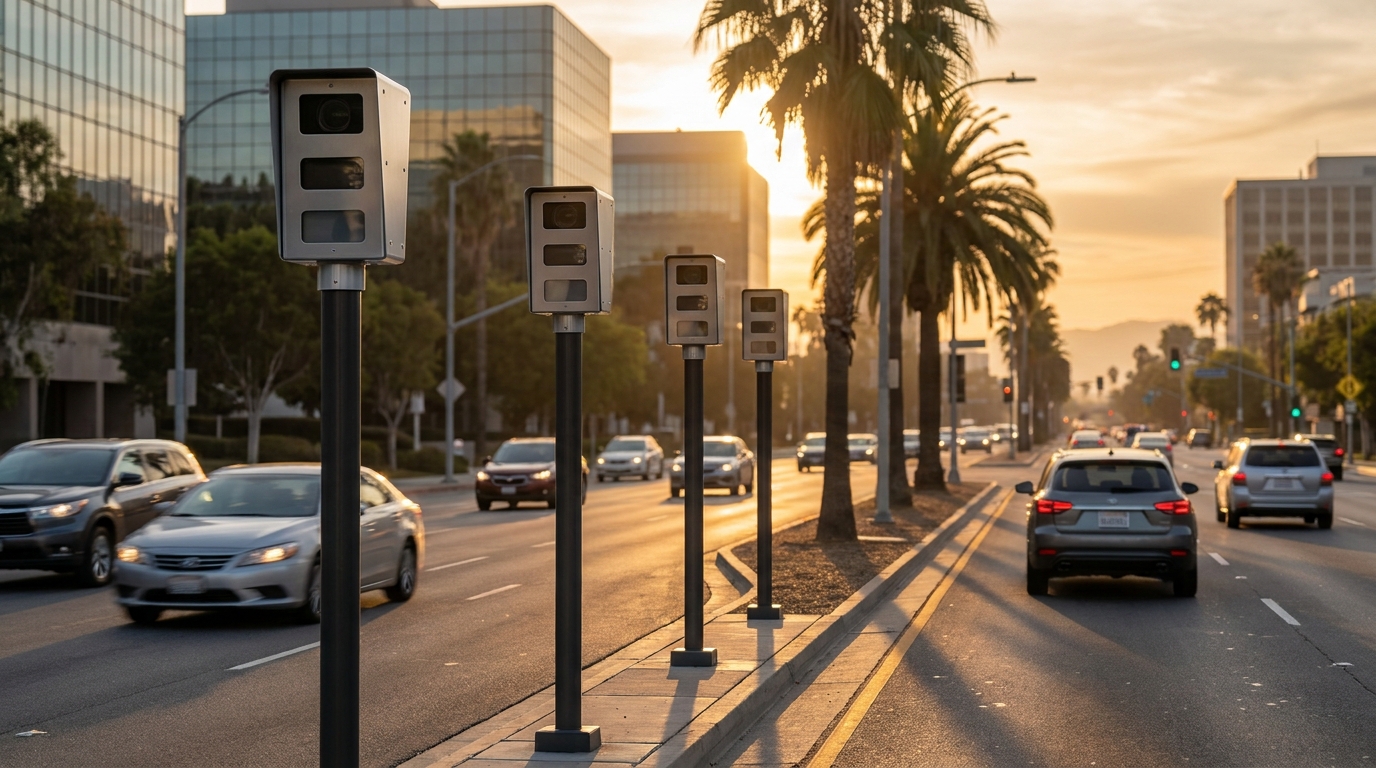 Rangée de radars automatiques le long d'un boulevard urbain américain