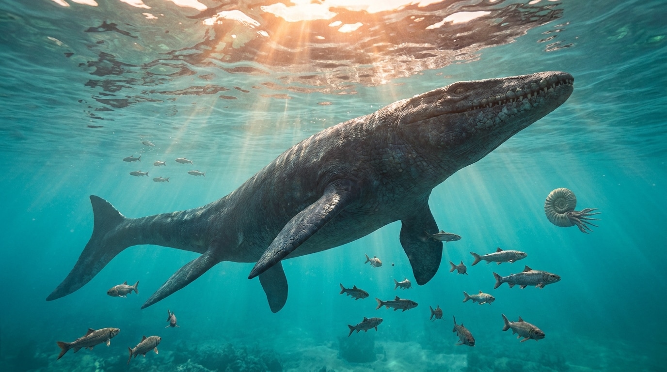 Mosasaure géant nageant dans un océan préhistorique turquoise