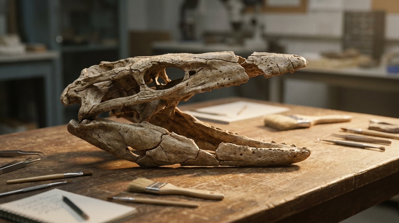 Crâne fossile de mosasaure avec mâchoire fracturée sur table de musée