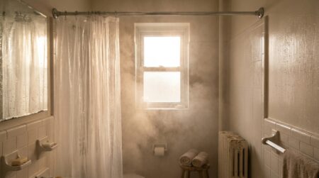 Rideau de douche en plastique dans une salle de bain embuée