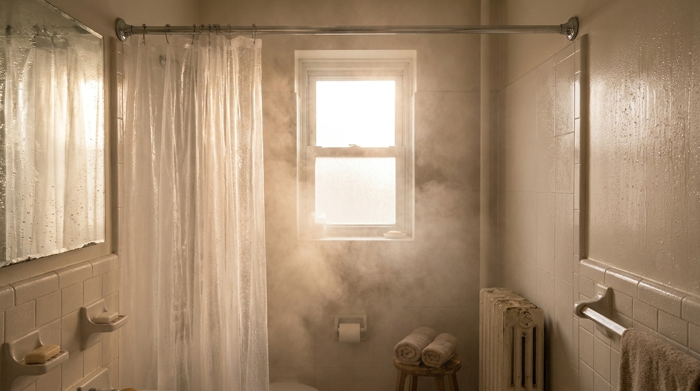 Rideau de douche en plastique dans une salle de bain embuée