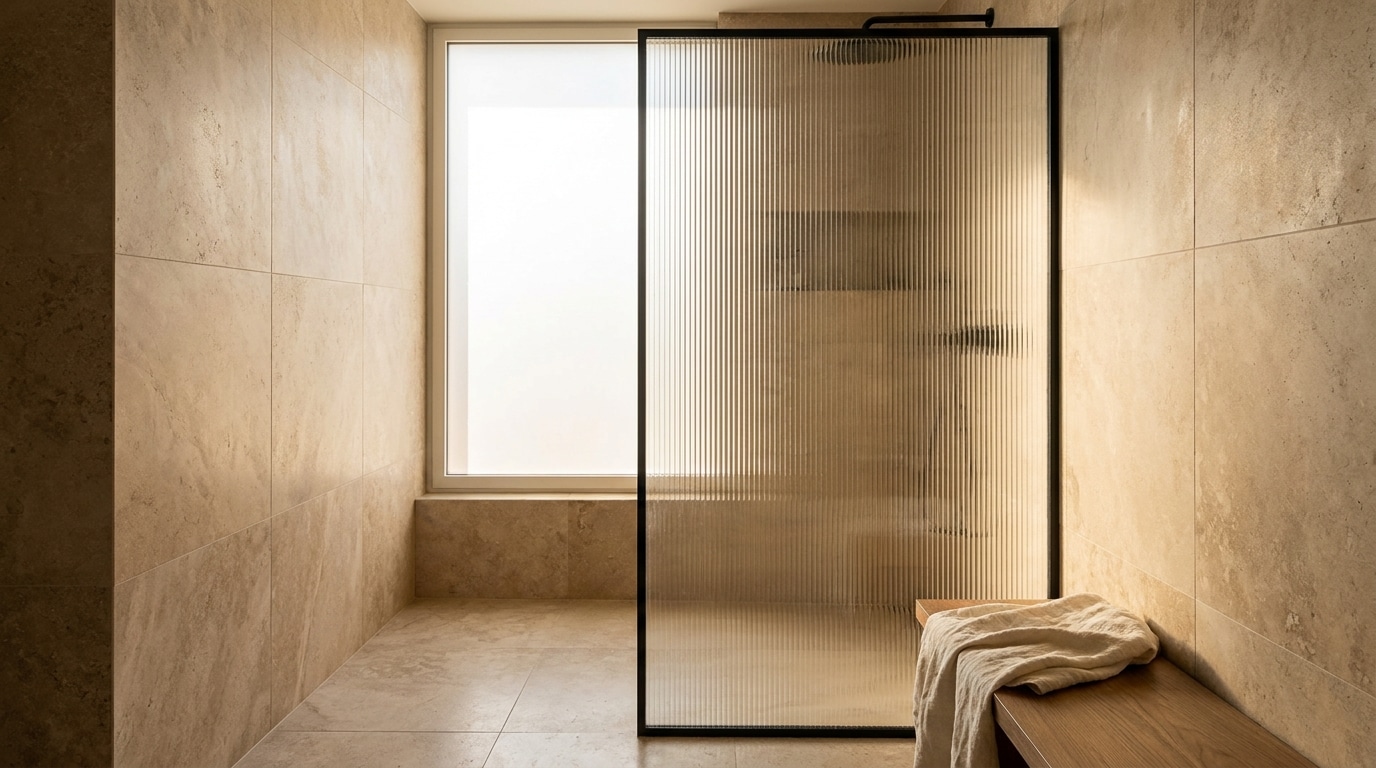 Paroi de douche en verre cannelé avec cadre noir mat