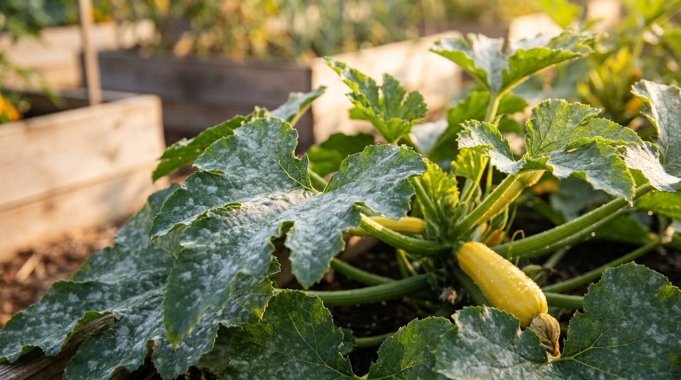 Feuilles de courgettes couvertes d'oïdium blanc au potager