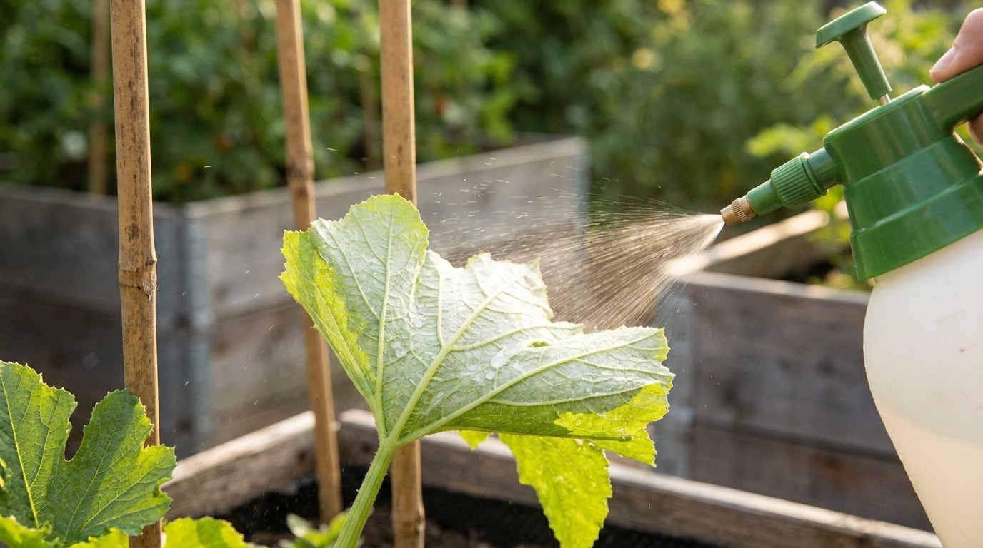 Pulvérisateur vaporisant du lait dilué sous une feuille de courgette