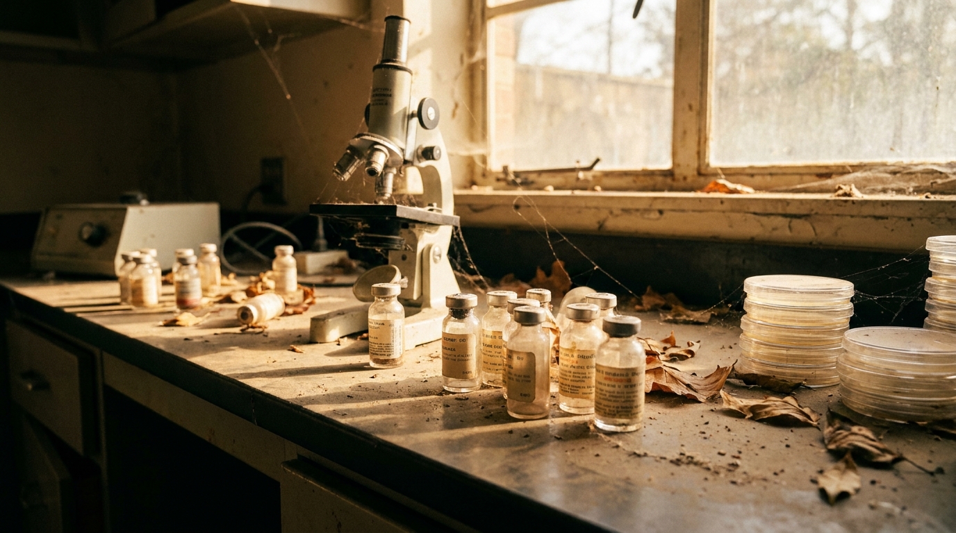 Paillasse de laboratoire avec flacons et microscope abandonnés