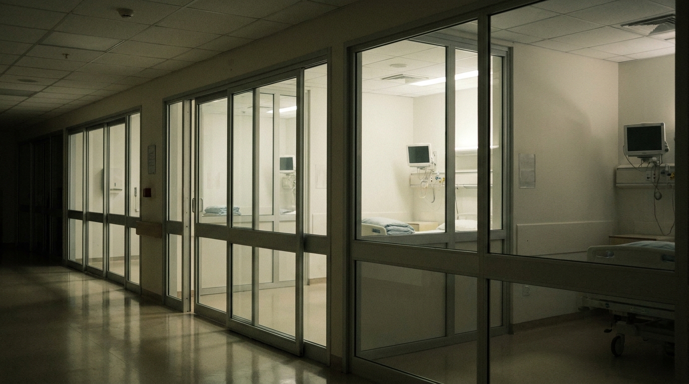 Couloir d'hôpital avec chambres d'isolement vides