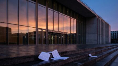 Façade du tribunal de Bobigny au crépuscule