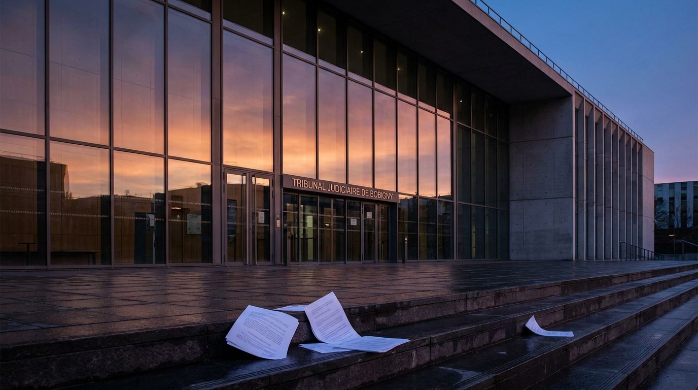 Façade du tribunal de Bobigny au crépuscule