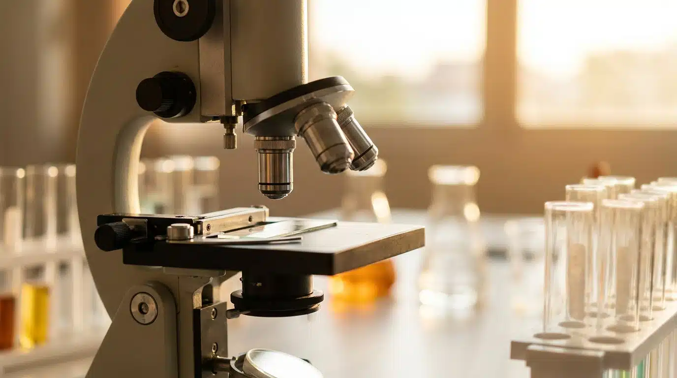 Microscope de laboratoire avec lames et éprouvettes en arrière-plan