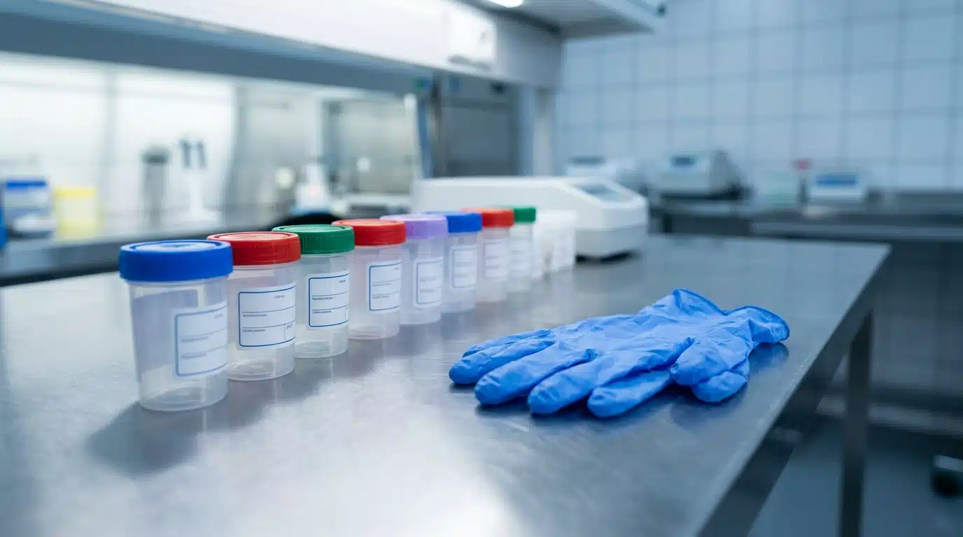 Conteneurs d'échantillons médicaux alignés sur une paillasse de laboratoire