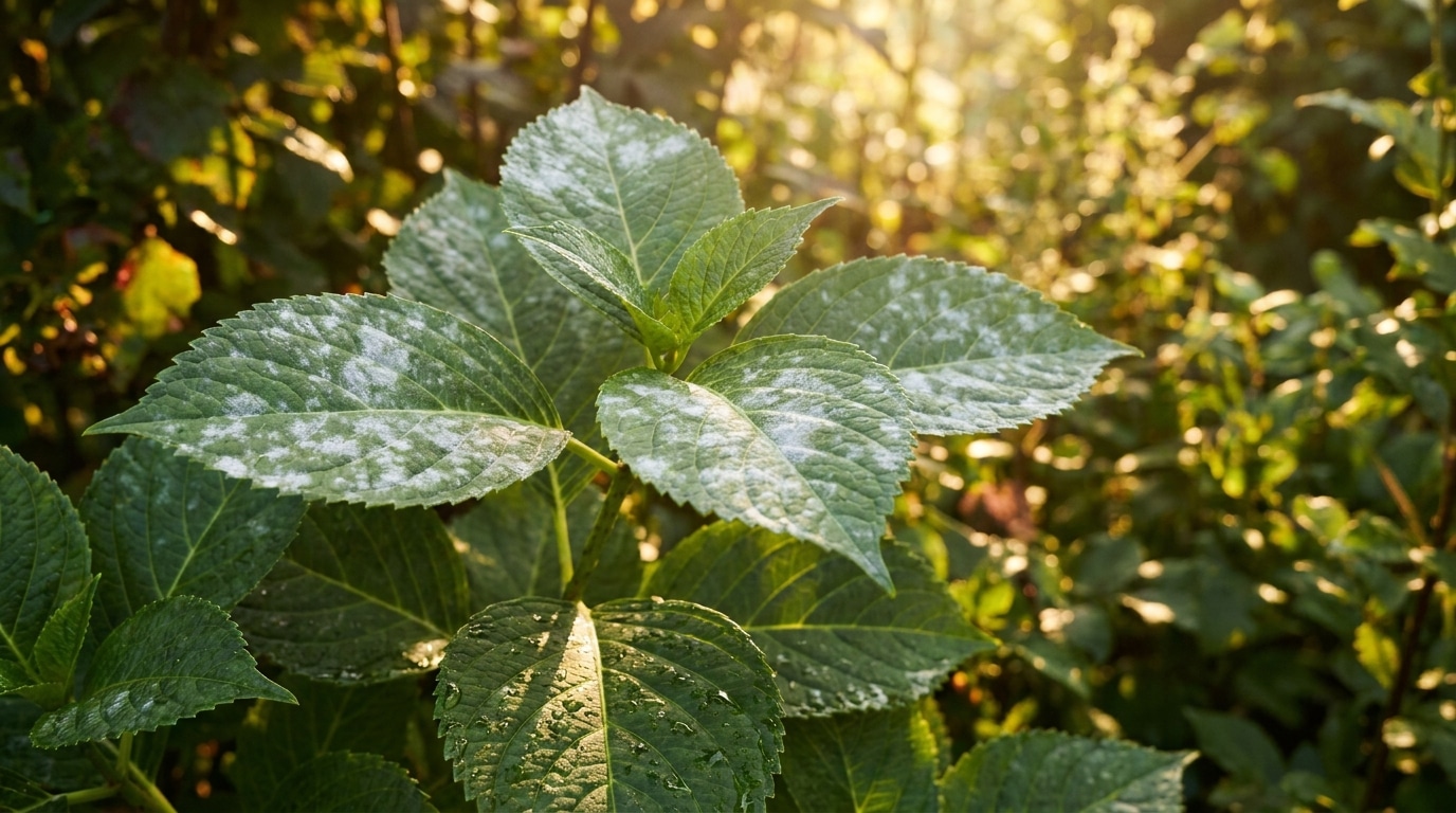Feuilles d'hortensia recouvertes d'un voile blanc poudreux