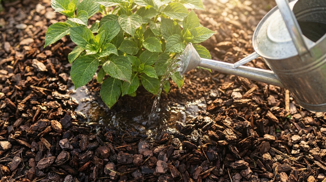 Paillage d'écorces de pin au pied d'un hortensia