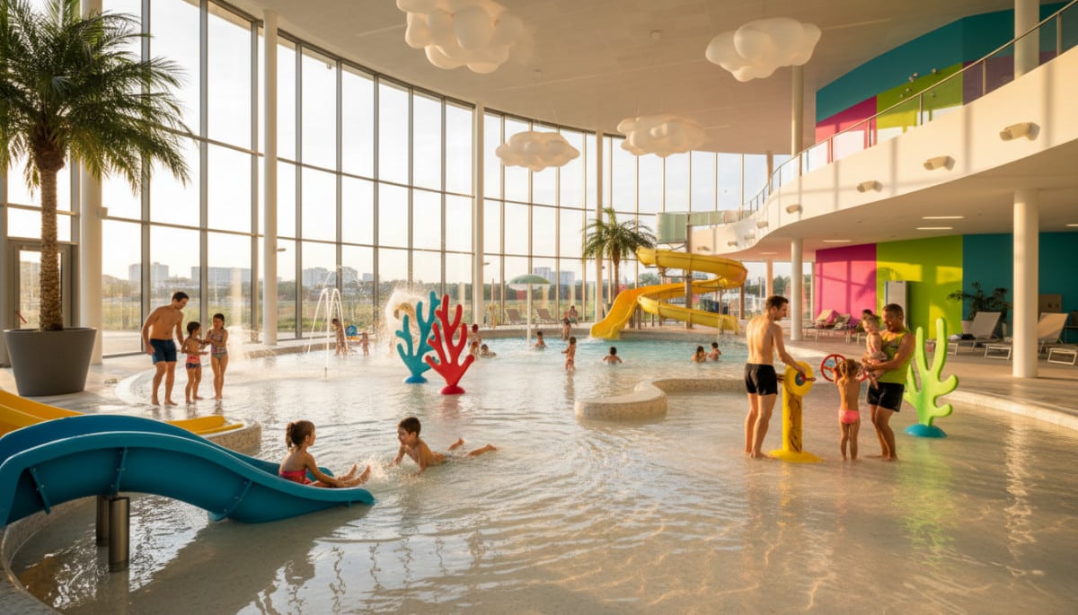 Centre aquatique moderne français, lumineux et coloré, ambiance familiale.