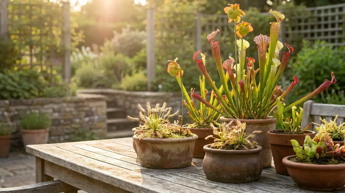 Plantes carnivores en pots sur une terrasse ensoleillée