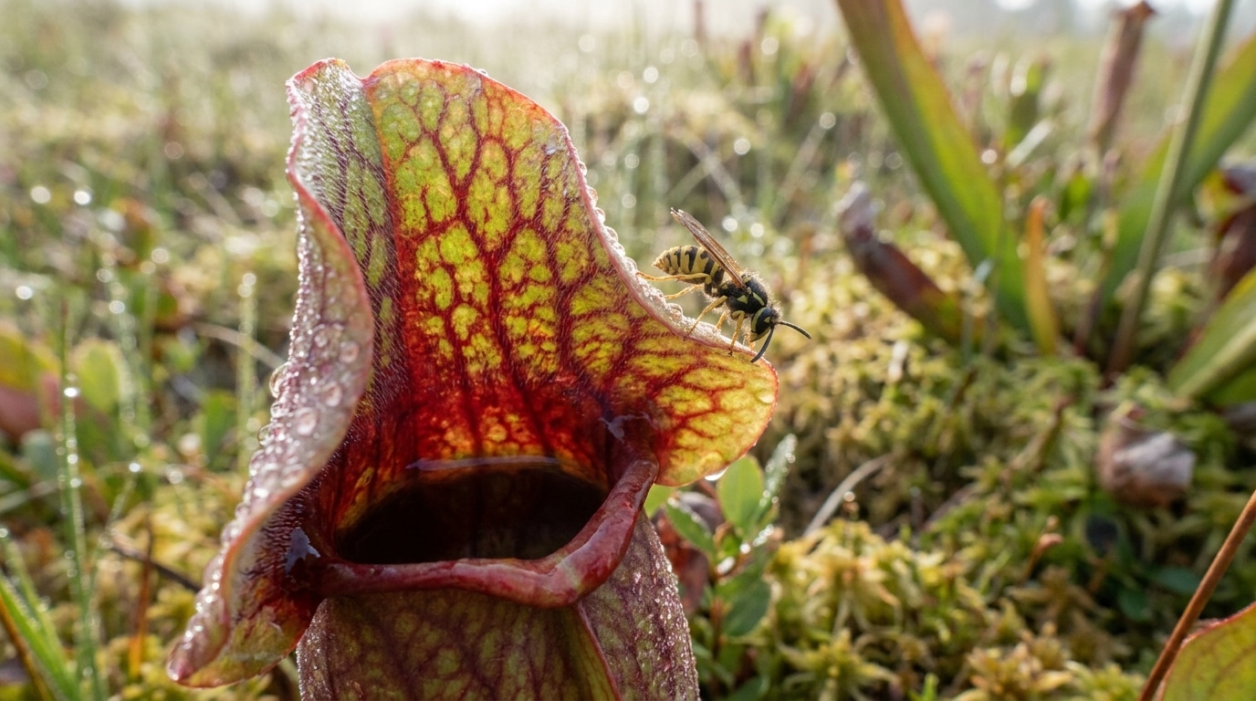 Guêpe piégée sur le bord d'une urne de sarracenia