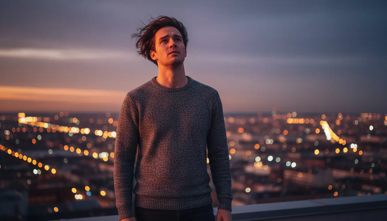 Homme contemplatif sur un toit au crépuscule