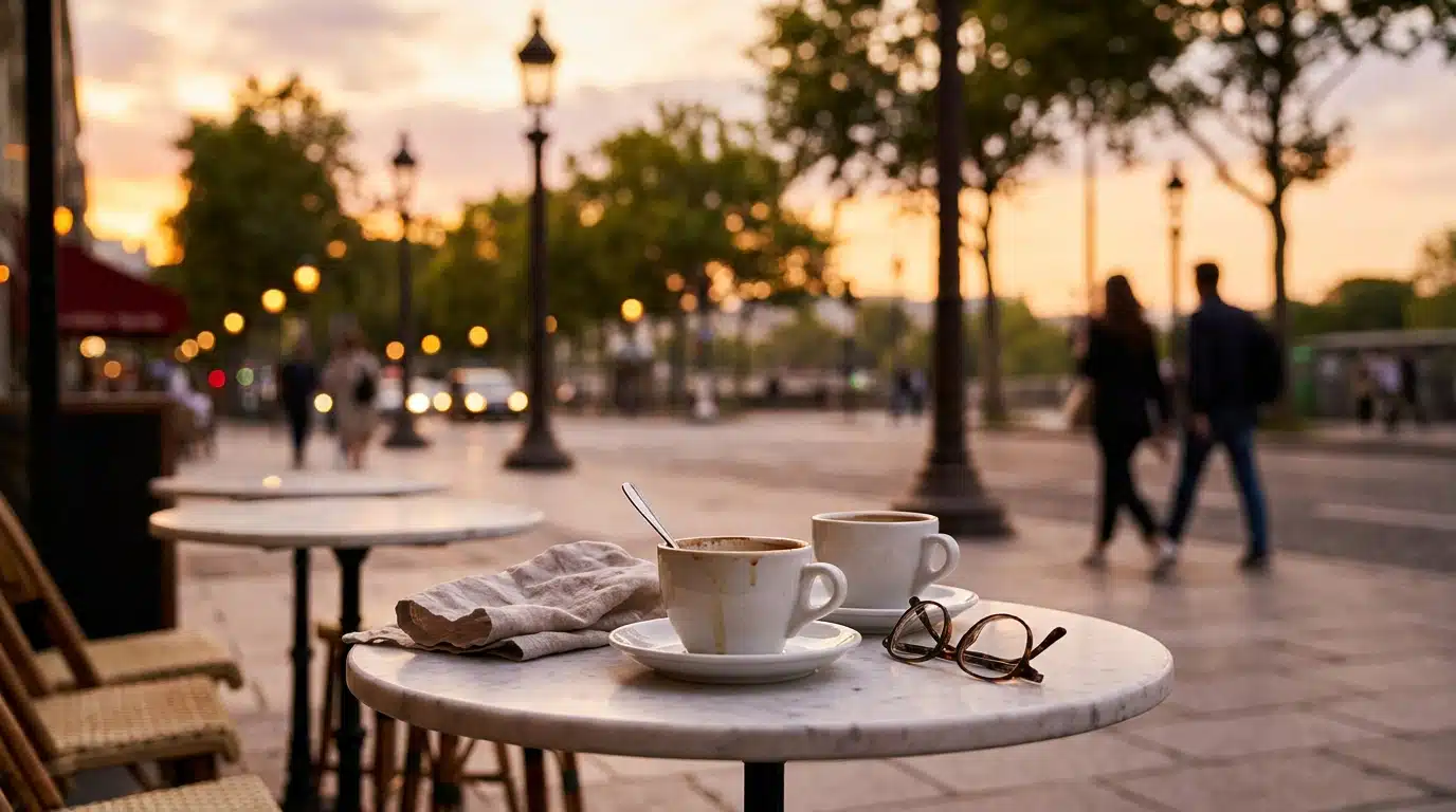 Deux tasses de café sur une table de bistrot parisien