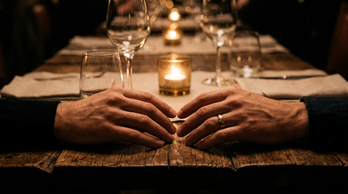 Deux mains proches sur une table de restaurant éclairée à la bougie